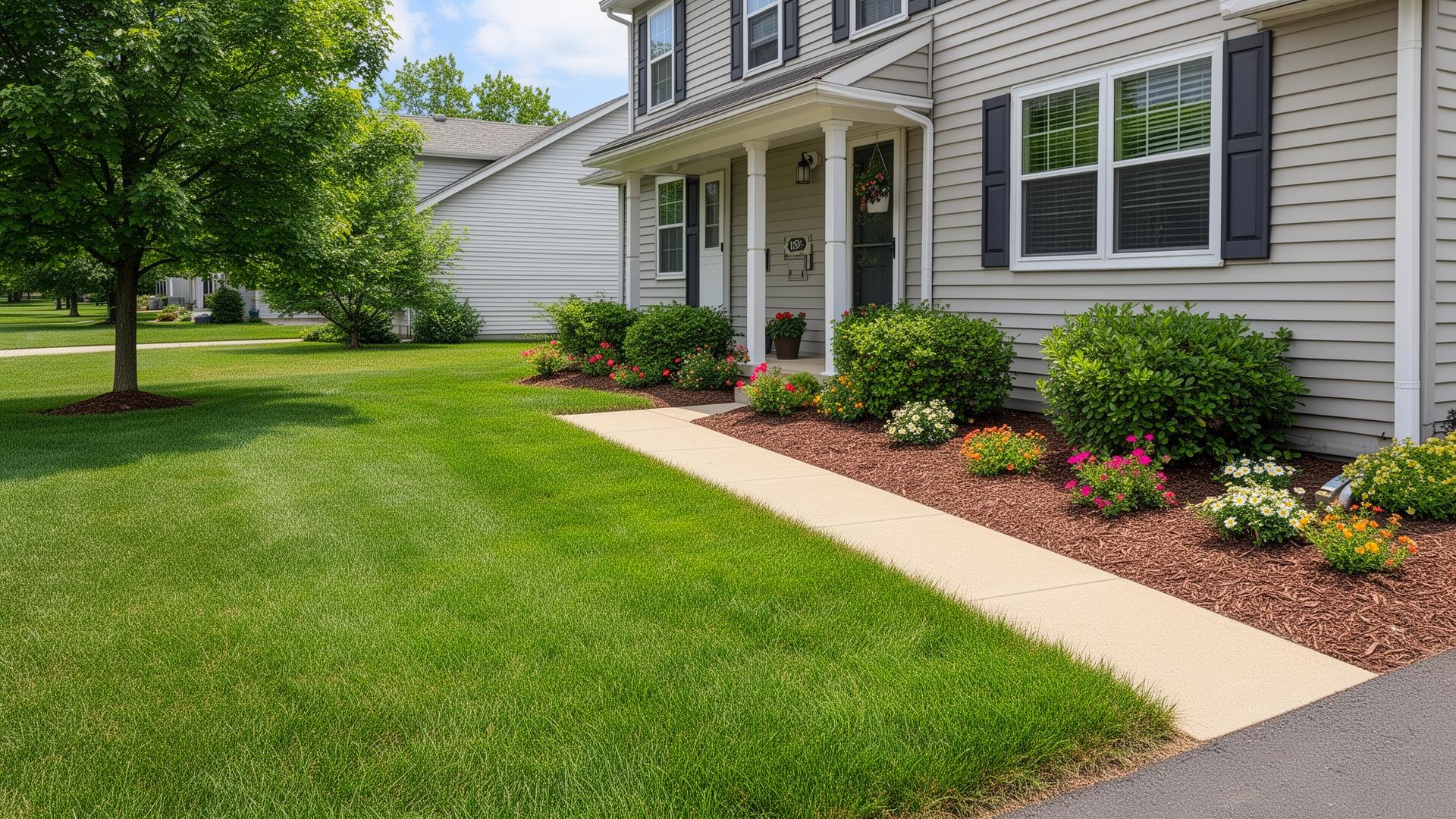 Tidy residential front yard with healthy lawn and planted beds in Bowling Green