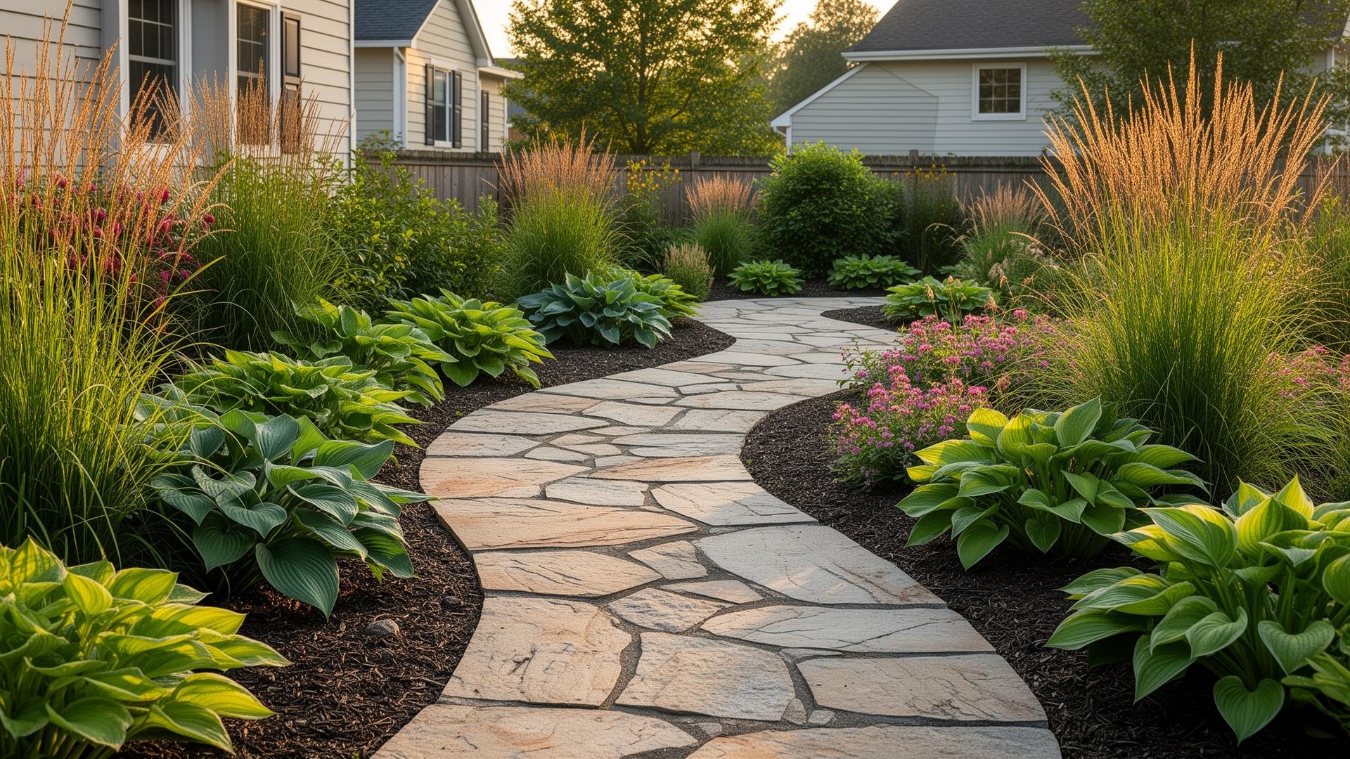 Stone walkway through a planted garden bed